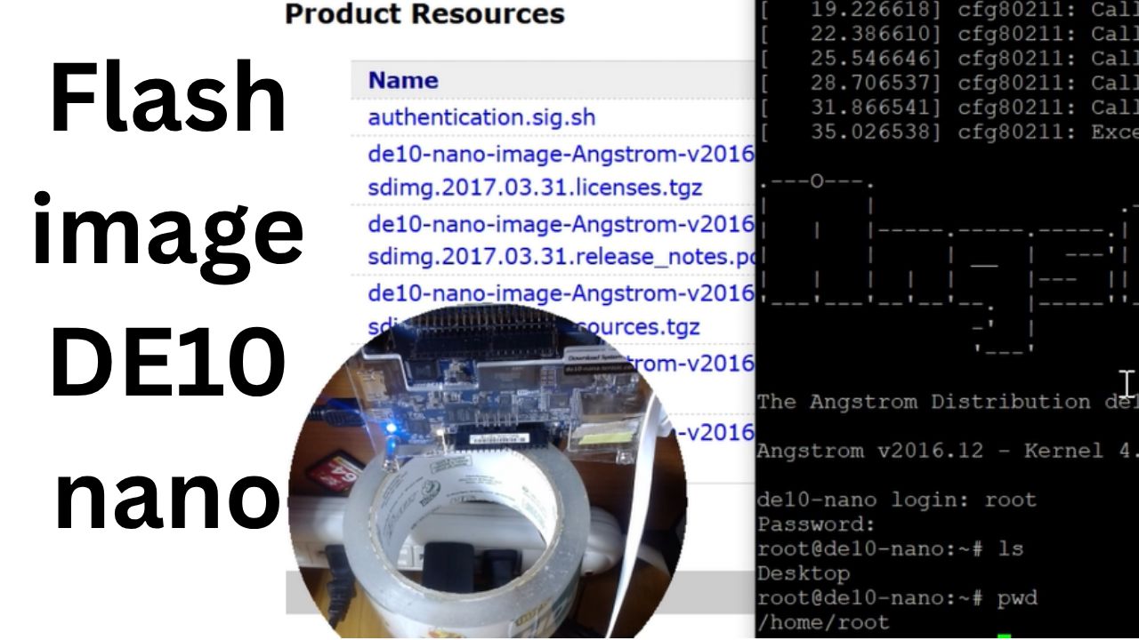 Terasic DE10-Nano download page next to an Angstrom Linux boot console